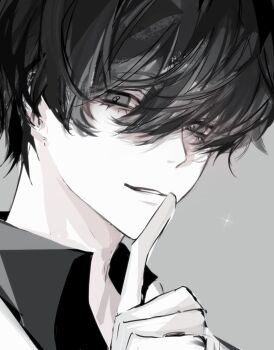 1boy artist_request black_eyes black_hair black_shirt bloodshot_eyes collared_shirt commission finger_to_mouth highres kim_dokja looking_at_viewer male_focus omniscient_reader&#039;s_viewpoint parted_lips portrait second-party_source shirt short_hair shushing solo