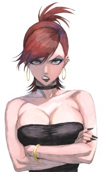 1girl absurdres angry bare_shoulders black_choker black_dress black_lips black_nails blue_eyeshadow bracelet breasts cartoon_network choker commentary crossed_arms derivative_work dress ear_piercing earrings eyeshadow fingernails foster's_home_for_imaginary_friends frankie_foster gold_bracelet gold_earrings green_eyes hex_mamaso highres hoop_earrings jewelry large_breasts lipstick long_fingernails looking_at_viewer makeup multiple_earrings piercing red_hair scowl screenshot_redraw solo strapless strapless_dress teeth upper_body