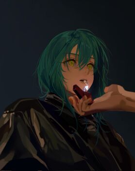 1girl 1other akao_rion black_background black_jacket blurry blurry_foreground cigarette dark depth_of_field expressionless from_below green_hair hair_between_eyes highres holding holding_lighter jacket lighter lighting_cigarette looking_ahead medium_hair mouth_hold o0hiruko0o out_of_frame parted_lips sakamoto_days simple_background smoking uzuki_kei uzurion yellow_eyes zippo_lighter