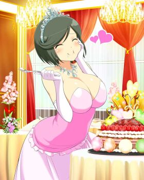 1girl ^_^ black_hair blush border breasts brown_eyes cake card_(medium) chandelier character_name cleavage closed_eyes closed_mouth diamond_necklace dining_room dress eating elbow_gloves english_text flower food food_on_face fork gloves heart holding holding_fork indoors jewelry large_breasts leaf macaron mai_(senran_kagura) necklace official_alternate_costume official_art pink_dress pink_flower pink_gloves senran_kagura senran_kagura_new_wave short_hair silver_necklace smile solo swept_bangs tiara white_flower