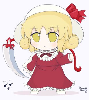 1girl blonde_hair bow bowtie center_frills check_commentary commentary_request curly_hair dated dounaga_nuko dress elly_(touhou) frilled_dress frills full_body fumo_(doll) furrowed_brow hat hat_bow hat_ribbon holding holding_scythe inset long_sleeves red_dress ribbon scythe short_hair signature simple_background sketch_inset solo standing sweat teeth touhou touhou_(pc-98) upper_teeth_only white_background white_hat yellow_eyes zun_(style)
