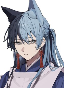 Rule 34 | 1boy, alternate costume, alternate hairstyle, animal ear fluff, aoyagi touya, blue hair, clenched teeth, clothing request, earrings, extra ears, grey eyes, highres, jewelry, kemonomimi mode, long hair, looking at viewer, male focus, mole, mole under eye, multicolored hair, parted lips, portrait, project sekai, sakusya2honda, simple background, solo, split-color hair, teeth, two-tone hair, white background