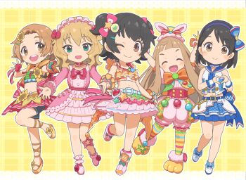 Rule 34 | 5girls, akagi miria, aqua eyes, bead bracelet, beads, black hair, black shorts, blonde hair, blue sailor collar, blue thighhighs, bow, bowtie, bracelet, brown eyes, brown hair, choker, closed eyes, closed mouth, commentary request, crop top, deformed, dress, dress bow, fingerless gloves, flower, frilled choker, frilled shirt, frills, full body, fur-trimmed shoes, gloves, green shirt, green skirt, green thighhighs, hair bow, hair flower, hair ornament, hairband, hairclip, hat, heart, heart hands, ichihara nina, idolmaster, idolmaster cinderella girls, idolmaster cinderella girls u149, jacket, jewelry, layered skirt, lolita hairband, long hair, looking at viewer, medium hair, midriff, mini hat, mini top hat, multicolored skirt, multicolored thighhighs, multiple girls, navel, one eye closed, open clothes, open jacket, open mouth, orange bow, orange bowtie, orange hair, orange jacket, orange sandals, orange shirt, orange wrist cuffs, outline, parted bangs, paw shoes, pink bow, pink choker, pink dress, pink gloves, pink hairband, pink hat, pink shirt, pink shoes, pink shorts, pink skirt, pink thighhighs, polka dot, polka dot skirt, puffy shorts, red eyes, ryuzaki kaoru, sailor collar, sakurai momoka, sandals, sasaki chie, shirt, shoes, short hair, shorts, shorts under skirt, skirt, sleeveless, sleeveless jacket, smile, split mouth, standing, standing on one leg, star (symbol), star hair ornament, striped clothes, striped thighhighs, sunflower, thighhighs, top hat, two side up, very long hair, white outline, white shirt, white shoes, white skirt, wrist cuffs, yama tatsuo, yellow shoes, yellow thighhighs