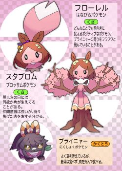 0_0 3others absurdres evolutionary_line fake_transparency fakemon highres katwo looking_at_viewer mouth_hold multiple_others narita_brian_(umamusume) nintendo no_humans official_style pokemon sakura_laurel_(umamusume) stalk_in_mouth umamusume yellow_eyes