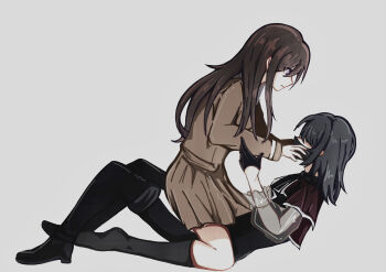 Rule 34 | 2girls, bang dream!, bang dream! it's mygo!!!!!, black boots, black gloves, black hair, black mask, black vest, boots, brown dress, brown hair, candy yu, capelet, chinese commentary, commentary request, dress, gloves, grey background, hand up, highres, long hair, long sleeves, mask, medium hair, mouth mask, multiple girls, pleated skirt, purple eyes, red capelet, shiina taki, sidelocks, simple background, skirt, straddling, thighhighs, timoris (bang dream!), vest, yahata umiri, yuri