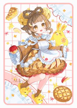 &gt;_&lt; 1girl :d apple apron bell blush bow bow-shaped_hair brown_dress brown_hair brown_socks commentary_request dress food frilled_apron frills fruit full_body genshin_impact hair_bell hair_ornament highres holding holding_food holding_fruit jingle_bell looking_at_viewer open_mouth orange_eyes pie pie_slice slippers smile socks solo white_apron white_bow xd yaoyao_(genshin_impact) yuegui_(genshin_impact) yutukicom