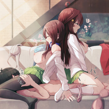 1boy 2girls ahoge asou_(asabu202) black_pantyhose bra breasts brown_hair closed_eyes clothed_female_nude_male clothed_sex commentary_request couch cunnilingus cunnilingus_through_clothes ffm_threesome from_side girl_on_top go-toubun_no_hanayome green_skirt group_sex hair_ornament headphones headphones_around_neck hetero highres incest indoors large_breasts long_hair lush lying miniskirt multiple_girls nakano_itsuki nakano_miku nipples no_shoes nude on_back open_clothes open_mouth open_shirt oral panties panties_around_leg pantyhose pleated_skirt reverse_cowgirl_position reverse_spitroast school_uniform sex sex_from_behind shimaidon_(sex) siblings sisters sitting skirt socks star_(symbol) star_hair_ornament straddling sweat threesome tongue tongue_out twins uesugi_fuutarou underwear unworn_bra white_socks