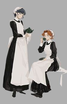Rule 34 | 2girls, alternate costume, apron, black dress, black hair, blue eyes, collared dress, cup, dress, drinking, enmaided, full body, grey background, gynger edventray (hiiragimare), highres, hiiragimare, hogwarts legacy, holding, holding cup, holding plate, holding teapot, looking at viewer, maid, maid apron, maid headdress, multiple girls, original, plate, red hair, simple background, sitting, smile, standing, teapot, wizarding world