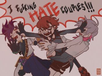 3boys angry banzoin_hakka bead_bracelet beads black_gloves black_shirt black_shorts bloo_chimpanzee blue_hair bracelet closed_eyes colored_skin commentary corset earrings english_commentary english_text gavis_bettel gloves grey_hair holostars holostars_english interrupted jewelry long_hair machina_x_flayon male_focus multicolored_hair multiple_boys pink_hair purple_hair pushing_away red_hair shirt short_hair shorts speech_bubble virtual_youtuber white_background white_eyes white_shirt