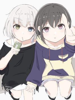 2girls bang_dream! bang_dream!_it&#039;s_mygo!!!!! black_shirt blue_eyes blue_hoodie blue_shorts commentary drinking_straw drinking_straw_in_mouth grey_hair heterochromia highres holding_hands hood hood_down hoodie interlocked_fingers kaname_raana melty_lubll multiple_girls open_mouth pink_eyes pointing shirt short_hair shorts simple_background sitting takamatsu_tomori white_background white_hair yellow_eyes yuri