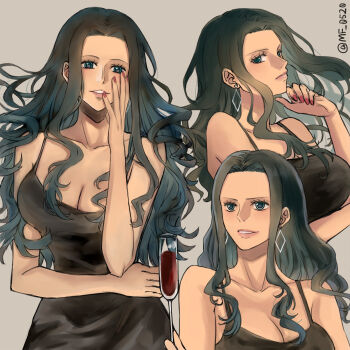 1girl black_dress black_hair blue_eyes breasts cleavage commentary_request cup dress earrings eyelashes highres holding holding_cup jewelry long_hair mf_0520 multiple_views nico_robin one_piece pink_lips red_nails sidelocks simple_background smile twitter_username