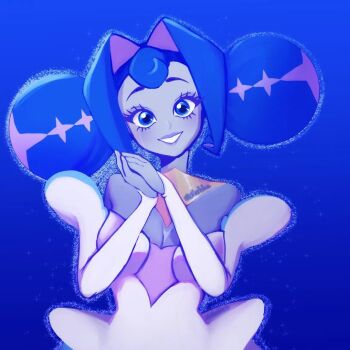 android blue_eyes blue_hair breasts cleavage dress flower glitch_productions knights_of_guinevere petals pink_flower princess princess_guinevere purple_dress smile solo