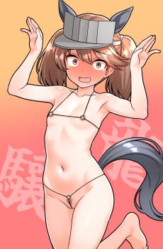 1girl absurdres animal_ears barefoot bikini brown_eyes brown_hair collarbone commentary_request embarrassed fake_animal_ears fake_tail furaggu_(frag_0416) grey_hat hat highres horse_ears horse_tail kantai_collection micro_bikini navel ryuujou_(kancolle) solo standing standing_on_one_leg stomach swimsuit tail thighs umamusume variant_set visor_cap