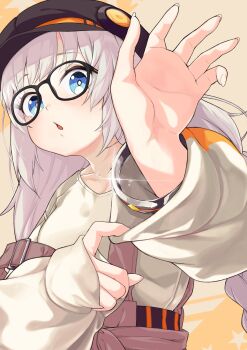 Rule 34 | 1girl, a.i. voice, absurdres, adjusting sleeves, black-framed eyewear, black hat, blue eyes, brown skirt, commentary request, glasses, grey hair, hat, highres, kashia (cassia ak), kizuna akari, kizuna akari (a.i. voice), long hair, looking at viewer, newsboy cap, parted lips, shirt, skirt, solo, upper body, vocaloid, voiceroid, yellow background, yellow shirt