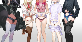 Rule 34 | 5girls, black panties, blonde hair, blouse, breasts, brown dress, brown thighhighs, buttons, center frills, clothes lift, clothes pull, commentary request, double-breasted, dress, frilled dress, frilled jacket, frills, green dress, head out of frame, highres, hiodoshi ao, hiodoshi ao (1st costume), hololive, hololive dev is, ichijou ririka, ichijou ririka (1st costume), jacket, juufuutei raden, juufuutei raden (1st costume), kuroi suna, large breasts, legs, lifting own clothes, lingerie, long sleeves, miniskirt, multiple girls, navel, neck ribbon, otonose kanade, otonose kanade (1st costume), panties, pants, pants pull, pencil skirt, pink panties, pink shirt, plaid clothes, plaid dress, purple skirt, regloss (hololive), ribbon, shirt, shirt lift, short hair, shorts, shorts pull, simple background, skirt, sleeveless, sleeveless shirt, standing, standing on one leg, thighhighs, thighs, todoroki hajime, todoroki hajime (1st costume), underwear, virtual youtuber, white background, white jacket, white panties, white shirt, white shorts