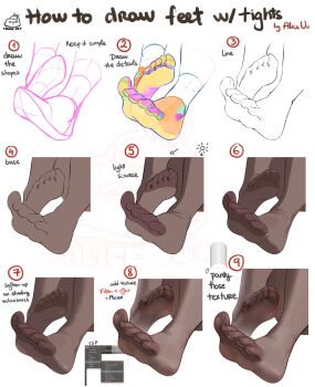 1girl alice_vu artist_logo artist_name brown_pantyhose commentary english_commentary feet foot_focus fuyuka_(stella_sora) guide highres how_to logo no_shoes pantyhose soles stella_sora toe_seam toes watermark