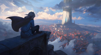 1girl art_of_papayou building cape city cityscape cloud commentary dawn defensive_wall english_commentary facing_away fantasy from_behind grey_hair highres landscape megastructure morning original scenery sitting solo tower