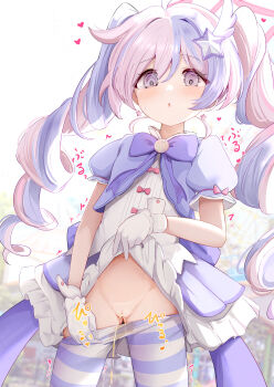 1girl :o ? @_@ absurdres ahoge blue_archive bow censored cleft_of_venus clenched_hands clitoral_hood clothes_lift clothes_pull cowboy_shot dress dress_lift drill_hair earrings flasher_(flasher_ura) frilled_dress frills gloves hair_ornament halo heart heart_censor highres hypnosis jewelry large_variant_set lifting_own_clothes loli long_hair magical_girl mind_control multicolored_hair navel official_alternate_costume open_mouth paid_reward_available pantyhose pantyhose_pull pee pee_stain peeing pink_hair pink_halo puffy_short_sleeves puffy_sleeves pulling_own_clothes purple_bow purple_eyes purple_hair purple_pantyhose pussy reisa_(blue_archive) reisa_(magical)_(blue_archive) short_sleeves solo stained_clothes star_(symbol) star_earrings star_hair_ornament star_halo striped_clothes striped_pantyhose twin_drills twintails two-tone_hair variant_set white_gloves wing_hair_ornament
