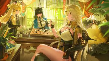 3girls animal_ear_fluff animal_ears asymmetrical_gloves black_gloves black_hair black_thighhighs blonde_hair breasts cleavage closed_mouth crossed_legs daniel_deng elbow_gloves fingerless_gloves fox_ears fox_girl gloves green_eyes grey_hair highres hoshimi_miyabi indoors japanese_clothes ju_fufu large_breasts long_hair looking_at_viewer multiple_girls necktie pan_yinhu red_eyes second-party_source single_thighhigh sitting smile thighhighs tiger_ears tiger_girl uneven_gloves yixuan_(zenless_zone_zero) zenless_zone_zero