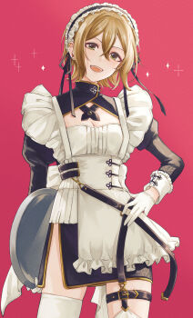 1girl absurdres apron belt black_belt breasts brown_hair chinese_clothes cleavage cleavage_cutout clothing_cutout cowboy_shot gloves green_eyes hair_between_eyes hair_down hand_on_own_hip highres holding holding_tray idolmaster idolmaster_cinderella_girls juliet_sleeves kimura_natsuki kumatsuki_(no-kirin) long_sleeves looking_at_viewer maid maid_apron maid_headdress open_mouth pink_background puffy_sleeves qi_maid short_hair simple_background small_breasts solo sparkle standing thigh_strap thighhighs tray white_apron white_gloves white_thighhighs