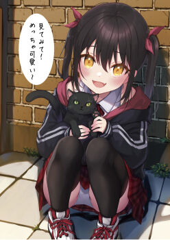 1girl :d animal black_cat black_hair black_jacket black_thighhighs blush brick_wall brown_eyes cat collared_shirt fang hair_ribbon highres holding holding_animal hood hood_down hooded_jacket jacket long_hair looking_at_viewer minamura_haruki open_mouth original panties plaid_clothes plaid_skirt pleated_skirt red_ribbon red_skirt ribbon shirt shoes skirt sleeveless sleeveless_shirt smile solo squatting thighhighs translation_request twintails underwear white_panties white_shirt white_shoes