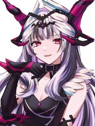 Rule 34 | 1girl, black choker, black hair, breasts, choker, dark persona, dress, fake horns, feather hair ornament, feathers, fire emblem, fire emblem engage, gloves, grey hair, hair ornament, highres, horns, long hair, looking at viewer, multicolored hair, nintendo, official alternate costume, official alternate eye color, petite, red eyes, smile, solo, tomo shirasu, two-tone hair, upper body, very long hair, veyle (fell successor) (fire emblem), veyle (fire emblem), wavy hair