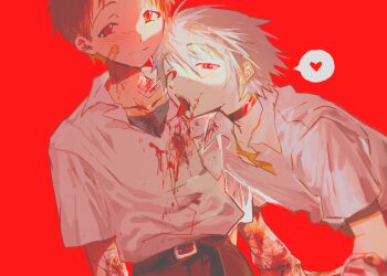 2boys bandage_on_face bandaged_arm bandaged_neck bandages belt black_choker black_pants blood blood_in_mouth blood_on_clothes blood_splatter blush brown_hair choker collared_shirt drinking_blood fangs fishcoooo grey_hair heart ikari_shinji image_in_speech_bubble male_focus multiple_boys nagisa_kaworu neon_genesis_evangelion pants red_background red_eyes red_theme shirt short_hair simple_background smile tongue tongue_out undershirt vampire white_shirt yaoi
