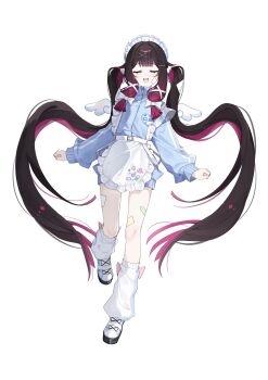 1girl absurdly_long_hair alternate_costume alternate_hair_length alternate_hairstyle apron black_hair blue_jacket bow closed_eyes columbina_(genshin_impact) commentary enmaided frilled_apron frilled_hairband frills full_body genshin_impact hair_bow hairband hashtag-only_commentary highres jacket jersey_maid kom376986 long_hair long_sidelocks maid maid_headdress open_mouth purple_hair sidelocks simple_background solo track_jacket twintails unconventional_maid very_long_hair white_apron white_background white_bow white_hairband