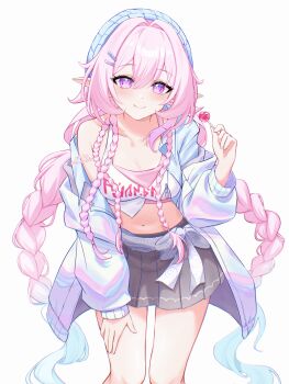 1girl absurdres aqua_hair black_skirt blue_hat blue_jacket braid breasts candy clothes_writing collarbone commentary crop_top cyrene_(honkai:_star_rail) cyrene_(nylon_japan)_(honkai:_star_rail) cyrene_(ripples_of_past_reverie)_(honkai:_star_rail) diamond-shaped_pupils diamond_(shape) food hair_between_eyes hair_ornament hairclip hat highres holding holding_candy holding_food holding_lollipop honkai:_star_rail honkai_(series) jacket light_smile lollipop long_hair long_sleeves looking_at_viewer malynnir medium_breasts midriff miniskirt multicolored_hair navel official_alternate_costume open_clothes open_jacket parallel_hairclips pink_hair pointy_ears purple_eyes side_braids simple_background single_bare_shoulder skirt solo symbol-shaped_pupils twin_braids two-tone_hair very_long_hair white_background