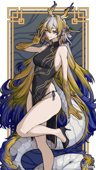 1girl absurdres arknights black_dress black_shoes breasts china_dress chinese_clothes closed_mouth commentary dragon_horns dragon_tail dress earrings english_commentary furauji hair_intakes hair_ornament hair_stick high_heels highres horns jewelry long_hair medium_breasts multicolored_hair one_eye_closed pointy_ears shoes shu_(arknights) side-tie_peek solo standing standing_on_one_leg tail v very_long_hair