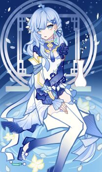 1girl absurdres asymmetrical_bangs blue_eyes blue_hair china_dress chinese_clothes chinese_commentary commentary_request dress earrings flower genius_invokation_tcg_(style) hair_ornament high_heels highres jewelry long_hair looking_at_viewer original petals sitting solo tassel thighhighs tinalikuaigenwohuijia vase x_hair_ornament