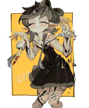 1girl armband asymmetrical_eyelashes black_bow black_dress bow cyn_(murder_drones) double_horizontal_stripe dress extra_hands frilled_vest frills glove_cuffs highres humanoid_robot lace-trimmed_headwear lace_trim long_hair looking_at_viewer low-tied_sidelocks mechanical_arms mechanical_head murder_drones open_mouth orange_armband puffy_sleeves robot short_sleeves sidelocks simple_background smile usa37107692 vest yellow_collar yellow_eyes