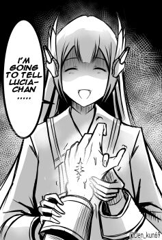 1boy 1girl absurdres closed_eyes collarbone commandant_(pgr) commentary den_kun69 english_commentary english_text facing_viewer greyscale hand_grab headgear highres liv:_eclipse_(pgr) liv_(pgr) long_hair monochrome open_mouth partially_shaded_face pov pov_hands punishing:_gray_raven smile tacet_mark_(wuthering_waves) trembling twitter_username wuthering_waves