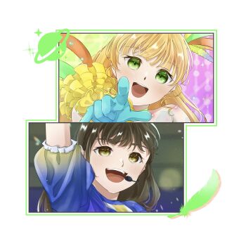 2girls animification aqua_gloves arm_up black_hair blonde_hair commentary_request feathers gloves green_eyes green_feathers hand_up headset heanna_sumire highres long_hair looking_at_viewer love_live! love_live!_superstar!! multiple_girls open_mouth payton_naomi real_life saturn_(planet) short_sleeves teeth tokonatsu_sunshine upper_teeth_only voice_actor voice_actor_connection wotaku_jinsei_enjoy_ikioi yellow_eyes