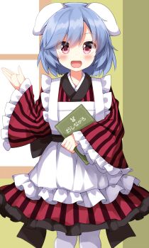 1girl :d alternate_costume animal_ears apron blue_hair blush commentary_request cowboy_shot floppy_ears frilled_apron frilled_sleeves frills highres holding holding_menu japanese_clothes kimono long_sleeves looking_at_viewer menu open_mouth pantyhose rabbit_ears red_eyes red_kimono reisen_(touhou_bougetsushou) ruu_(tksymkw) short_hair smile solo touhou white_apron white_pantyhose wide_sleeves