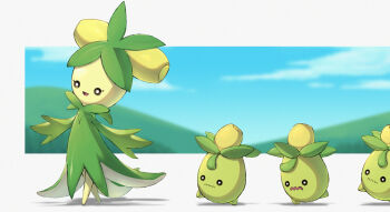 black_eyes bright_pupils cloud commentary_request day dolliv from_side naoki_eguchi nintendo no_humans o_o open_mouth outdoors pokemon pokemon_(creature) sky smile smoliv standing wavy_mouth white_pupils