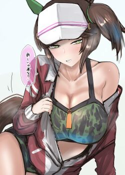 1girl absurdres alternate_costume animal_ears bikini breasts brown_hair cleavage collarbone freckles green_eyes hair_ornament highres horse_ears horse_tail ines_fujin_(umamusume) jacket kanikama25 large_breasts looking_at_viewer open_mouth simple_background swimsuit tail track_jacket umamusume visor_cap white_background