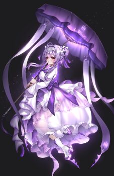 1girl ahoge black_background bow character_name commentary_request fingernails goddess_of_victory:_nikke hairband hanbok high_heels highres holding holding_umbrella korean_clothes korean_commentary liberalio_(nikke) looking_at_viewer purple_bow purple_hair purple_shoes purple_umbrella red_eyes revision see-through_clothes see-through_skirt shoes simple_background skirt solo trhisell umbrella white_hairband