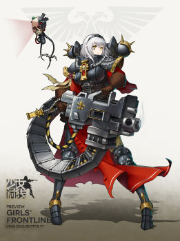 1.00_calibre_bolt 1girl absurdres adepta_sororitas ammunition ammunition_backpack ammunition_belt ammunition_chute anti-materiel_cartridge armor backpack bag bolt_(warhammer_40k) bolter cannon_cartridge commentary_request facial_tattoo female_focus fleur-de-lis full_body girls&#039;_frontline gun heavy_bolter high-explosive_cartridge highres looking_at_viewer moonface parted_lips pauldrons power_armor purity_seal rocket-assisted_projectile shoulder_armor skull skull_probe smoke smoking_barrel solo tattoo warhammer_40k weapon white_hair yellow_eyes