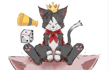 1boy animal_ear_fluff animal_ears ao_gravity black_fur blush cait_sith_(final_fantasy) cape cat_boy cat_ears animal_nose cat_tail closed_eyes crown dice facing_viewer fangs fangs_out final_fantasy final_fantasy_vii furry furry_male gloves highres male_focus megaphone moogle multicolored_fur neckerchief pawpads red_cape red_neckerchief sitting sitting_on_head sitting_on_person smile tail whiskers white_fur white_gloves