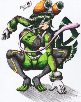 1girl absurdres asui_tsuyu asui_tsuyu_(hero_outfit) black_eyes bodysuit boku_no_hero_academia female_focus gloves goggles goggles_on_head green_bodysuit green_hair highres long_hair long_tongue low-tied_long_hair metalstoneart skin_tight solo split-toe_footwear superhero_costume tongue white_gloves