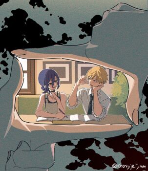 1boy 1girl bare_arms bare_shoulders black_choker black_necktie black_shirt blonde_hair blue_hair chainsaw_man choker collared_shirt denji_(chainsaw_man) green_hair grenade_pin hair_between_eyes hair_bun head_on_hand highres holding holding_pencil looking_at_viewer medium_hair miri_(cherryjelly) necktie open_mouth overalls pencil reze_(chainsaw_man) shirt short_hair sleeves_rolled_up tank_top twitter_username updo upper_body white_shirt