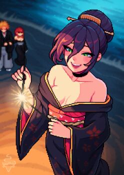 1boy 2girls absurdres artist_name aseprite_(medium) bare_shoulders beach black_choker black_kimono breasts chainsaw_man choker cleavage collarbone commentary denji_(chainsaw_man) english_commentary green_eyes hair_between_eyes hair_bun hakama heart heart-shaped_eyes highres holding holding_fireworks japanese_clothes kimono makima_(chainsaw_man) medium_breasts multiple_girls off_shoulder open_mouth orange_hair outdoors pixel_art purple_hair red_hair reze_(chainsaw_man) smile solo_focus water yumykon