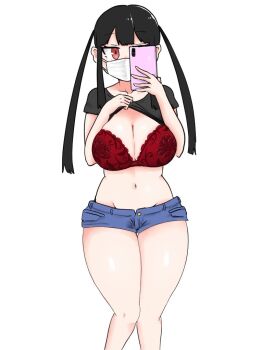1girl black_hair black_shirt bra breasts cellphone cleavage clothes_lift commentary_request denim denim_shorts expressionless holding holding_phone jitome large_breasts lifting_own_clothes long_hair long_sidelocks looking_at_phone madoro mamiya_hina micro_shorts navel original phone red_bra red_eyes selfie shirt shirt_lift short_sleeves shorts sidelocks simple_background smartphone solo standing t-shirt taking_picture thighs tsurime twintails underwear white_background