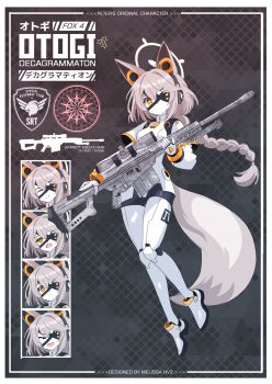 1girl absurdres alternate_costume android animal_ears anti-materiel_rifle barrett_m82 blue_archive bodysuit breasts closed_eyes closed_mouth colored_skin commentary commission english_commentary eyepatch fox_ears fox_girl fox_tail gun hair_between_eyes highres holding holding_gun holding_weapon jacket long_braid long_hair looking_at_viewer mechanical_arms mechanical_legs medium_breasts melissa_v2 multiple_expressions open_mouth orange_eyes otogi_(blue_archive) pink_hair rifle sidelocks smile sniper_rifle solo symbol-shaped_pupils tail weapon white_bodysuit white_jacket white_skin x-shaped_pupils