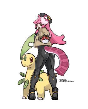 1girl animal_ears ass bayleef beret black_gloves black_hat black_pants black_shoes blaparky blush breasts brown_jacket commentary cosplay emma_(pokemon) emma_(pokemon)_(cosplay) english_commentary fangs from_behind gen_2_pokemon gloves hair_intakes hat highres holding holding_poke_ball hololive hololive_english jacket large_breasts long_hair long_sleeves looking_at_viewer multicolored_hair nintendo open_mouth panther_ears panther_girl panther_tail pants pink_hair pink_tail poke_ball poke_ball_(basic) pokemon pokemon_(creature) pokemon_legends:_z-a raora_panthera shoes simple_background smile solo streaked_hair tail twitter_username two-tone_gloves two-tone_hair virtual_youtuber white_background yellow_eyes yellow_gloves