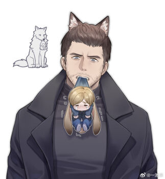 2boys animal_ears beard black_jacket blue_pants blue_shirt brown_hair chibi chibi_only chris_redfield connected_beard facial_hair grey_eyes grey_shirt highres jacket leon_s._kennedy male_focus multiple_boys pants rabbit_ears resident_evil shirt short_hair simple_background tears weibo_3893749281 white_background wolf_ears
