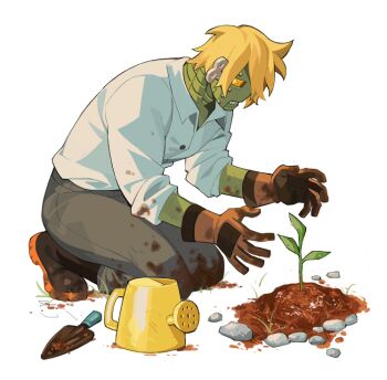 Rule 34 | 1boy, blonde hair, buttons, clothed robot, collared shirt, colored skin, commentary, dirty, dirty clothes, english commentary, full body, gardening, gloves, green skin, grey pants, guilty gear, guilty gear xrd, humanoid robot, kneeling, leaf, male focus, pants, parted bangs, pebble, plant, robo-ky, robot, shirt, short hair, sleeves rolled up, soil, solo, sorrysap, sprout, watering can, white background, white shirt, wing collar, yellow eyes