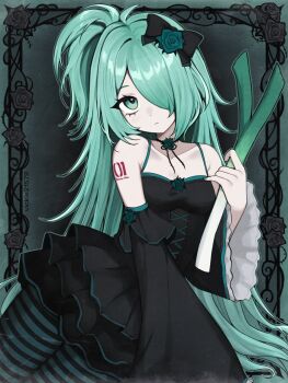 1girl alternate_costume aqua_background aqua_eyes aqua_flower aqua_hair arm_tattoo bare_shoulders black_bow black_dress black_flower border bow choker closed_mouth collarbone commentary dress flower flower_choker food frilled_dress frilled_sleeves frills gothic_lolita hair_over_one_eye hatsune_miku highres holding holding_food holding_spring_onion holding_vegetable lolita_fashion looking_at_viewer ponytail spring_onion striped_clothes striped_thighhighs tattoo thighhighs untranslatable_commentary vegetable vickie_(cryingrobot) vocaloid wide_sleeves
