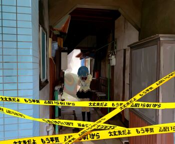 1girl absurdres black_skirt black_socks blue_hair caution_tape commentary hair_ornament hairclip head_down highres juliet_sleeves keep_out kneehighs long_sleeves mahou_shoujo_madoka_magica mahou_shoujo_madoka_magica_(anime) mihifu miki_sayaka mitakihara_school_uniform neck_ribbon pleated_skirt puffy_sleeves red_ribbon revision ribbon school_uniform self_hug short_hair skirt socks solo translation_request